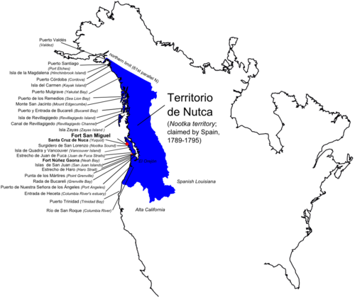 Spanish territorial claims on the West Coast of North America in the 18th century, contested by the Russians and the British. Most of what Spain claimed in Nootka was not directly occupied or controlled.