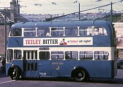 A trolleybus in Bradford in 1970. The Bradford Trolleybus system was the last one to operate in the United Kingdom; closing in 1972.