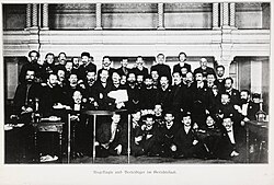The Soviet of Workers' Deputies of St. Petersburg in 1905, Trotsky in the center. The soviets were an early example of a workers council.