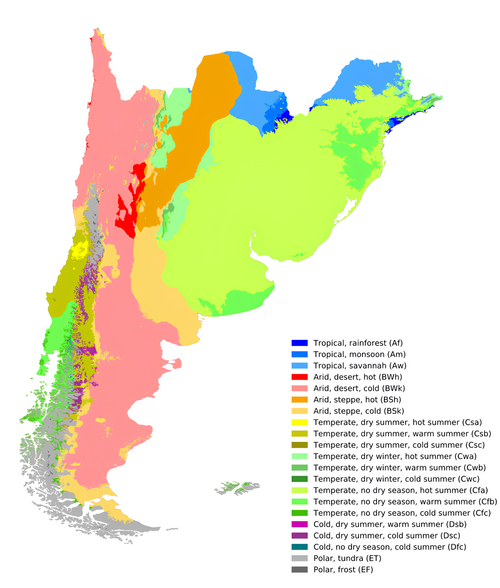 Köppen Climate Zone Classification map of Southern Cone.