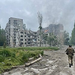 Residential buildings damaged by Russian strikes in Avdiivka during fighting over the city in May 2023