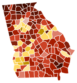 Map of counties in Georgia by racial plurality, per the 2020 U.S. census Legend Non-Hispanic White 30–40% 40–50% 50–60% 60–70% 70–80% 80–90% 90%+ Black or African American 40–50% 50–60% 60–70% 70–80%