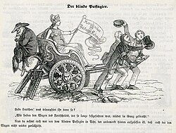 Anti-Catholic caricature in the Munich Leuchtkugeln, 1848. A warning not to rejoice yet. The Catholic cleric as a fox and blind passenger on the wagon of progress, in order to later reverse the course of history.