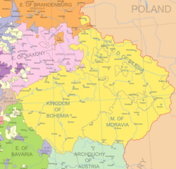 Lands of the Bohemian Crown between 1635 and 1742, before most of Silesia was ceded to Prussia