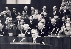 Ceaușescu preparing to deliver a speech in Moscow on the 60th anniversary of the Soviet Union