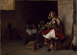 An Albanian bashi-bazouk singing and playing an oud. Painting by Jean-Léon Gérôme, 1868.