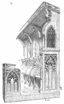 Illustration showing monk's stalls at Anellau, France, 14th century