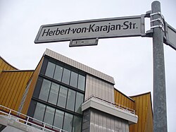 Street sign for Herbert-von-Karajan-Straße outside the Philharmonie in Berlin