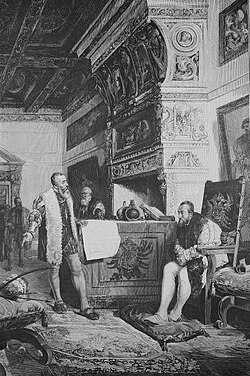 Engraving depicting the Spanish conquistador Francisco Pizarro exposing before King Carlos I of Spain the evidence of the discovery of the fabulous Empire of the Incas.