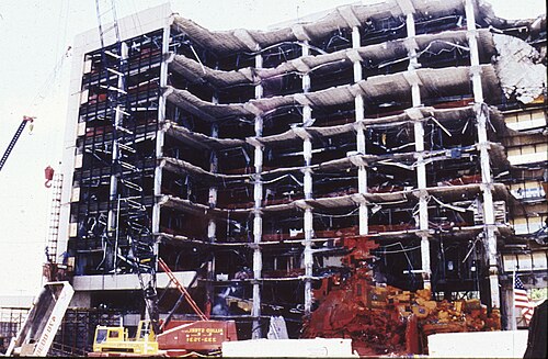 The Alfred P. Murrah Federal Building in the aftermath of the Oklahoma City bombing, the deadliest domestic terrorist attack in United States history