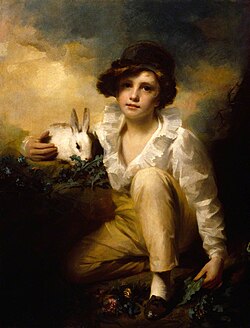 Boy and Rabbit by Henry Raeburn, 1814. The rabbit is shown eating dandelion leaves.