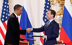 Barack Obama and Dmitry Medvedev after signing the New START treaty in Prague, 2010