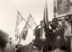 Ceaușescu and other Communists at a public meeting in Colentina, welcoming the Red Army as it entered Bucharest on 30 August 1944