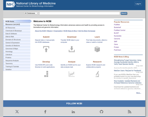Homepage of the NCBI website showing access to major databases and tools, including the "Popular Resources" panel and navigation menu