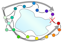 Interbreeding populations represented by a gradient of coloured circles around a geographic barrier