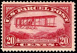 20¢ Parcel Post Stamp Issued in 1912. This was the first time in history an airplane appeared on a postage stamp.