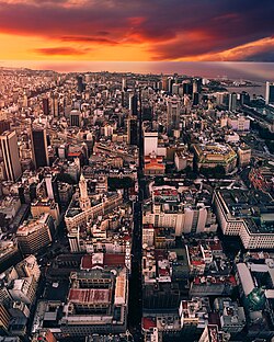 Aerial view of the city's historical centre, in the borough of Monserrat.