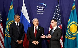 President Nazarbayev with US President Barack Obama and Russian President Dmitry Medvedev in 2012