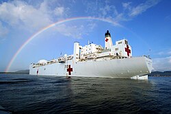 The US hospital ship USNS Mercy marked with the red cross, the international protective sign