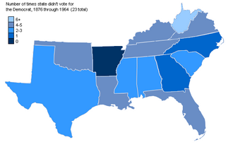 "Solid South": Arkansas voted Democratic in all 23 presidential elections from 1876 through 1964; other states were not quite as solid but generally supported Democrats for president.