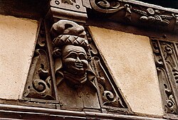 Strasbourg, sculptures on the timber framing of a half-timbered house.