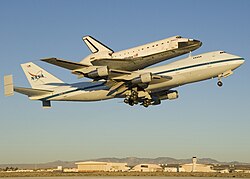 Space Shuttle Endeavour atop the Shuttle Carrier Aircraft taking off from Edwards AFB after the STS-126 mission, 9 December 2008. For a complete list of Space Shuttle landing locations, see: List of Space Shuttle missions.