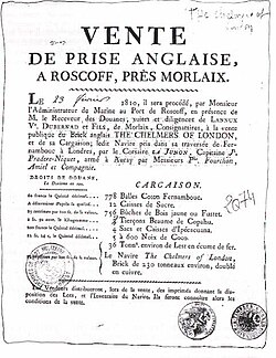 Advertising for the auction of the prize Chelmers of London, brig captured by the French privateer Junon in 1810.