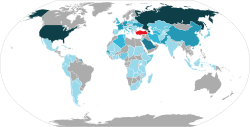 Foreign trips made by Recep Tayyip Erdoğan as President (since 2014). Darker blue indicates more visits; Turkey is shaded in red.