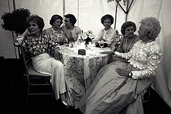 First ladies (from left to right) Nancy Reagan, Lady Bird Johnson, Hillary Clinton, Rosalynn Carter, Betty Ford, and Barbara Bush at the "National Garden Gala, A Tribute to America's First Ladies", May 11, 1994. Jacqueline Kennedy Onassis, absent due to illness, died 8 days after this photograph was taken.