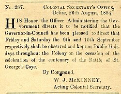 An excerpt from the 1898 Gazette that declared 10 September an official holiday, Battle of St. George's Caye Day