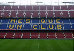 One of the stands displaying Barcelona's motto, Més que un club, meaning "More than a club"