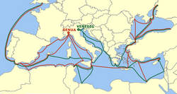 Genoese (red) and Venetian (green) maritime trade routes in the Mediterranean.