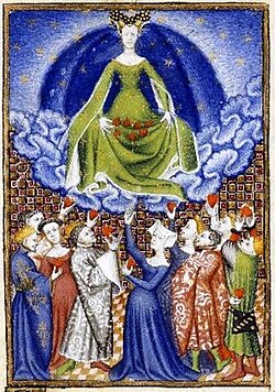 Fifteenth century manuscript illumination of Venus, sitting on a rainbow, with her devotees offering her their hearts