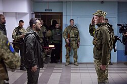 Zelenskyy awarding a soldier near the front line in the Kharkiv Oblast, 29 May