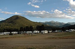 One of several campgrounds in and around Estes Park, popular with tourists who visit Rocky Mountain National Park.