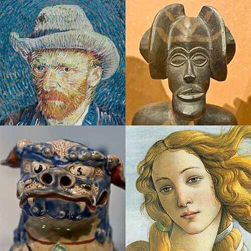 Visual artworks: (clockwise from upper left) an 1887 self-portrait by Vincent van Gogh; a female ancestor figure by a Chokwe artist; detail from The Birth of Venus (c. 1484 – c. 1486) by Sandro Botticelli; and an Okinawan Shisa lion