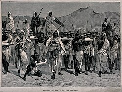 Arab slave-trading caravan transporting Sub-Saharan African slaves across the Sahara, 19th-century engraving