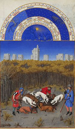Limbourg Brothers, Boar hunt with hounds, illumination from the Très Riches Heures du duc de Berry, c. 1445