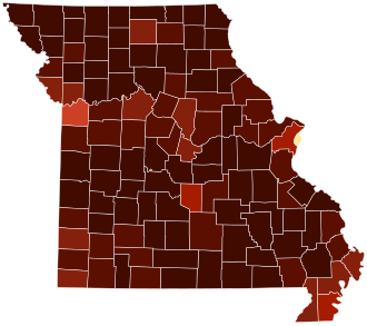 Map of counties in Missouri by racial plurality, per the 2020 U.S. census Legend Non-Hispanic White 50–60% 60–70% 70–80% 80–90% 90%+ Black or African American 40–50%