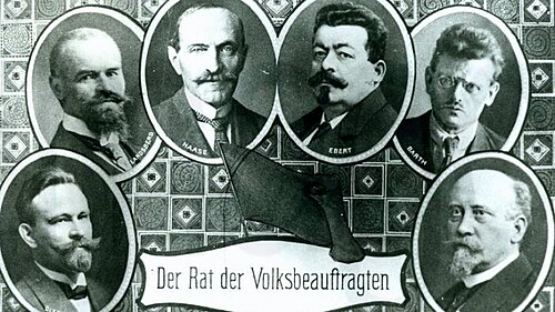 The Council of the People's Deputies. From left to right: Wilhelm Dittman (USPD), Otto Landsberg (MSPD), Hugo Haase (USPD), Friedrich Ebert (MSPD), Emil Barth (USPD) and Philipp Scheidemann (MSPD)