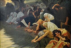 Waters of Babylon (1920) by Gebhard Fugel; Jews sit on the banks of the Tigris, which flows through Babylon, and remembering Jerusalem. Psalm 137 tells us about this event:[34] "By the rivers of Babylon, there we sat down, yea, we wept, when we remembered Zion.137:1 If I forget thee, O Jerusalem, let my right hand forget her cunning."137:5