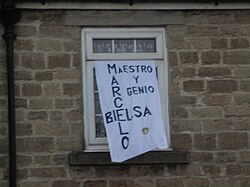 Banner in honour of Bielsa in Wetherby, West Yorkshire, following Leeds United's promotion to the Premier League