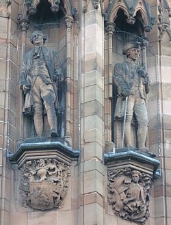 Scottish economist Adam Smith (right) and philosopher David Hume (left) represent The Economist's foundational beliefs of laissez-faire policies, self-sufficiency, anti-protectionism and free trade.