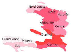 The Place of birth of the Haitian immigrants in the Dominican Republic in 2012. The majority are originally from Ouest (24%) and Nord (19%). Just 0.2% of the Haitian immigrants in the D.R. are from Nippes.[40]