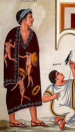 An Etruscan tomb (c. 350 BC) depicting a man wearing an all-purple toga picta