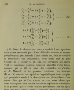 Lorentz' theory of electrons. Formulas for the curl of the magnetic field (IV) and the electrical field E (V), La théorie electromagnétique de Maxwell et son application aux corps mouvants, 1892, p. 452
