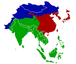 A map of the families of writing systems in East Asia, Southeast Asia, and South Asia. Red: Chinese characters; Green: Brahmi script; Blue: Aramaic (Mongolian script, Manchu alphabet, Old Uyghur alphabet, and Arabic script).