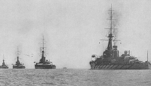 The Anglo-German naval arms race became a considerable source of tension between Germany and Britain prior to World War I. Royal Navy warships pictured above in battle formation.