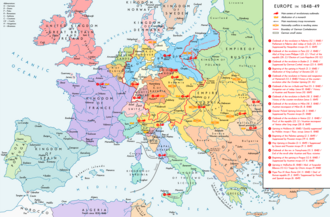 Map of Europe during the revolutions, showing major events, revolutionary centres, reactionary troop movements, and states with abdications and national conflicts.