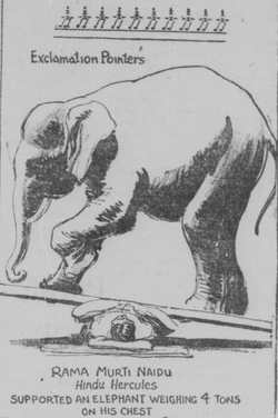 Kodi Rammurthy Naidu lifting an elephant; his strongman efforts were meant to counter British accusations of Indian effeteness[31]